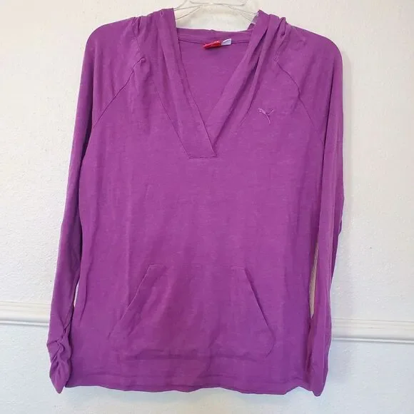 Puma Hoodie Lightweight Womens Medium Raglan Sleeves Pullover V Neck Dark Pink - Picture 10 of 15
